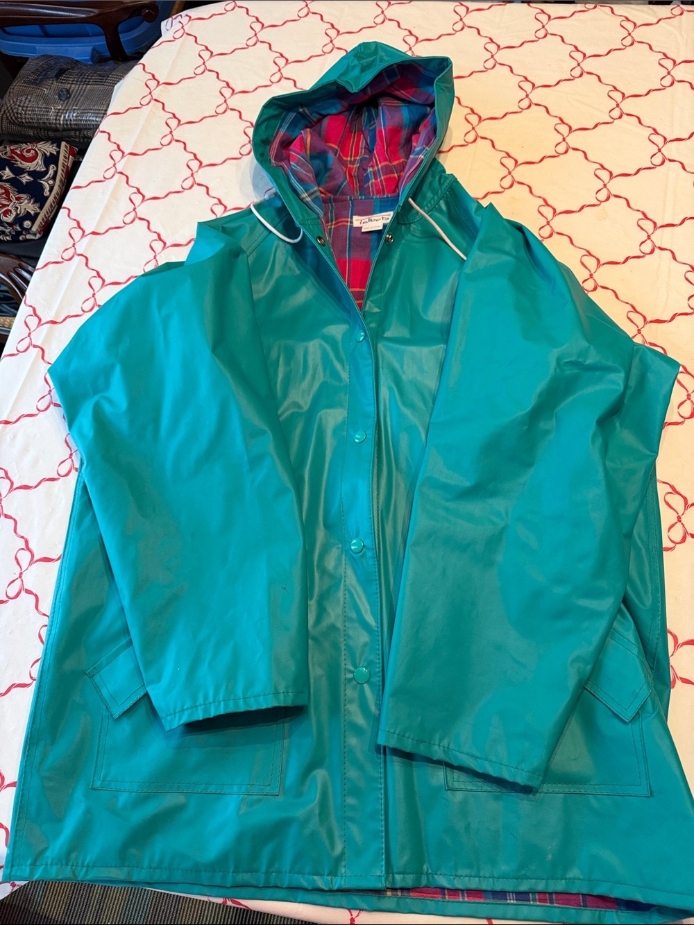 Talbots Teal Hooded rubber like rain Coat with Plaid Lining, very well-made.